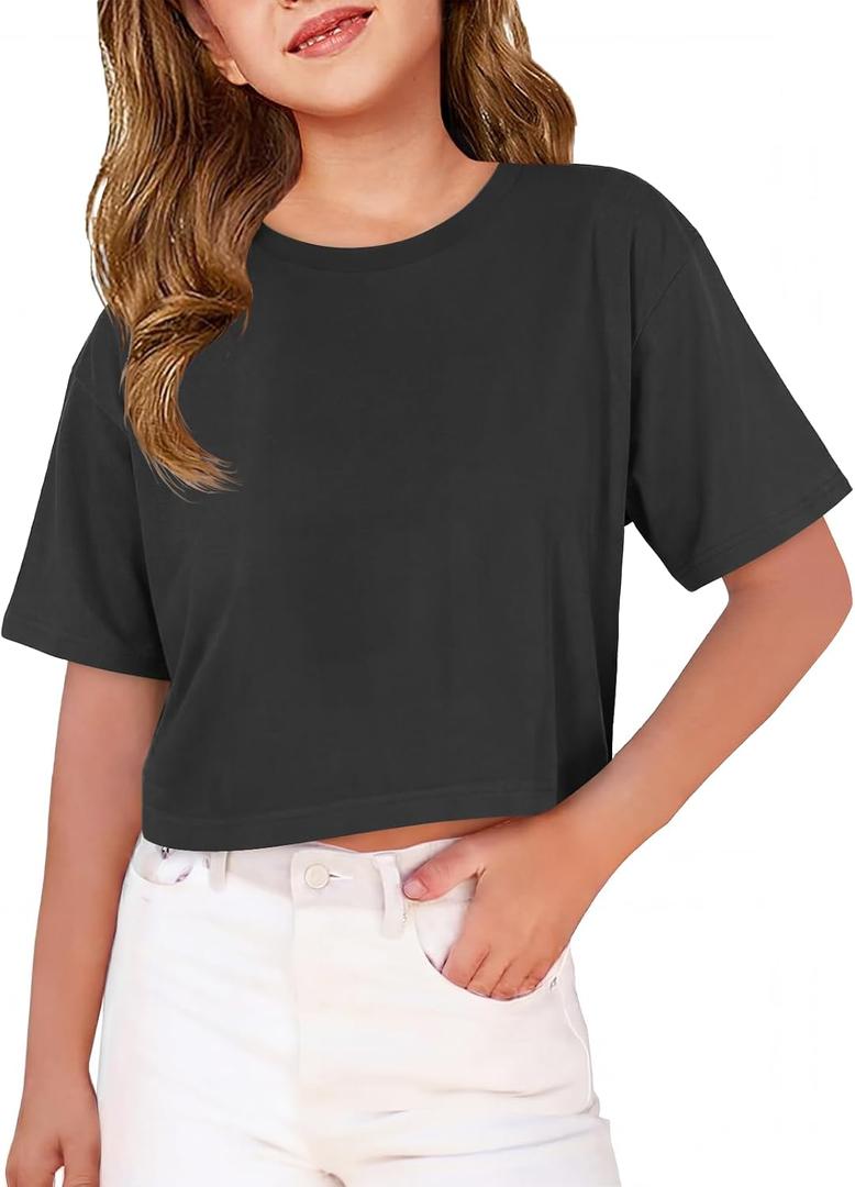 ZDC Girls T Shirts Short Half Sleeve Crew Neck Drop Shoulder Loose Fit Summer Crop Tops 5-14 Years (Black)
