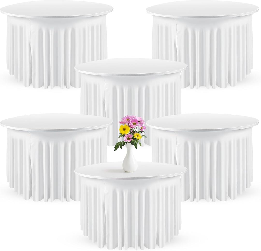Preboun 6 Pack Spandex Round Tablecloths - 5 Ft/ 60 Inch Wrinkle Free Stretchy Table Clothes with Skirt for Party Wedding Home Decoration Banquet (White)
