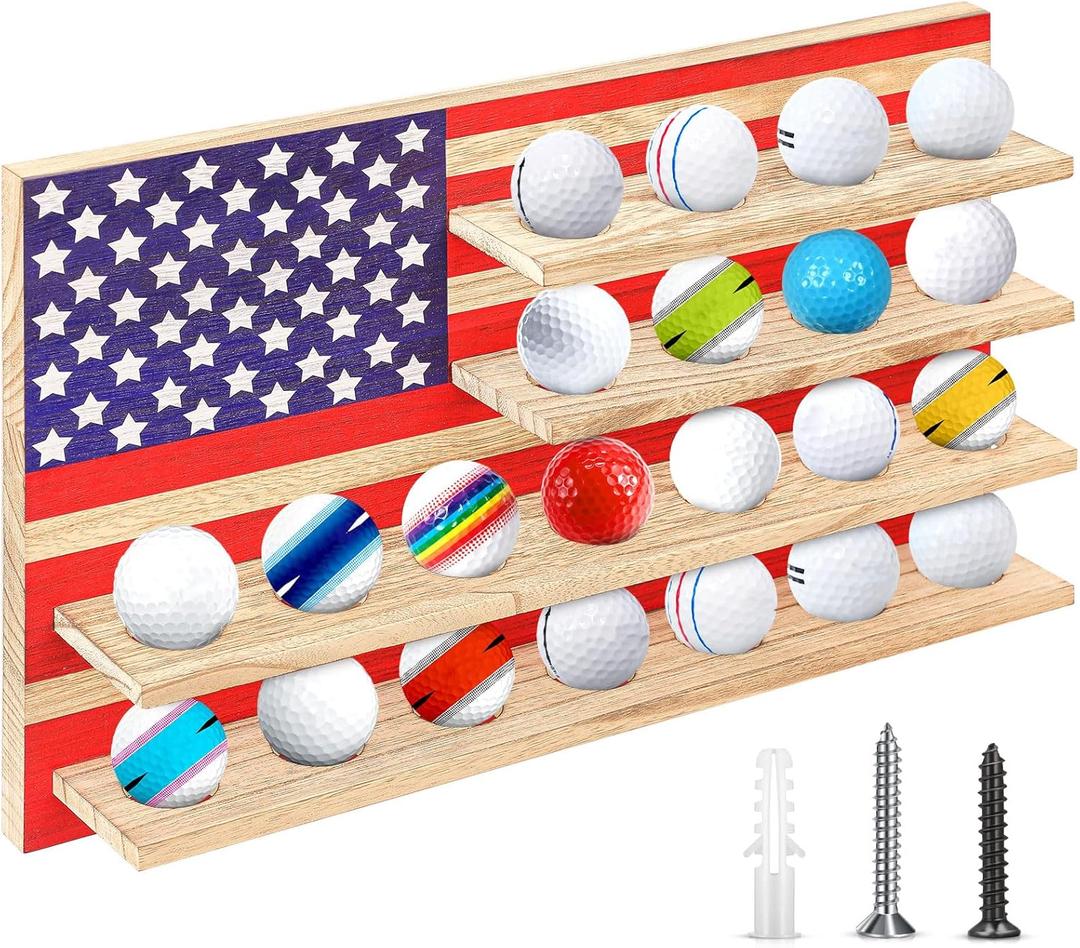 Patriotic Golf Ball Holder Display Shelf for 22 Balls 16 x 10 Inch Wood Golf Ball Display Stand with American Flag Golf Lover's Gift for Christmas, No Door