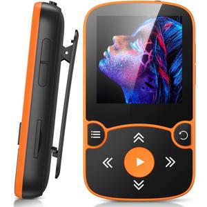 AGPTEK 64GB MP3 Player with Clip, Bluetooth 5.3 Lossless Sound with FM Radio, Voice Recorder for Sport Running, Supports up to 128GB TF Card, Orange