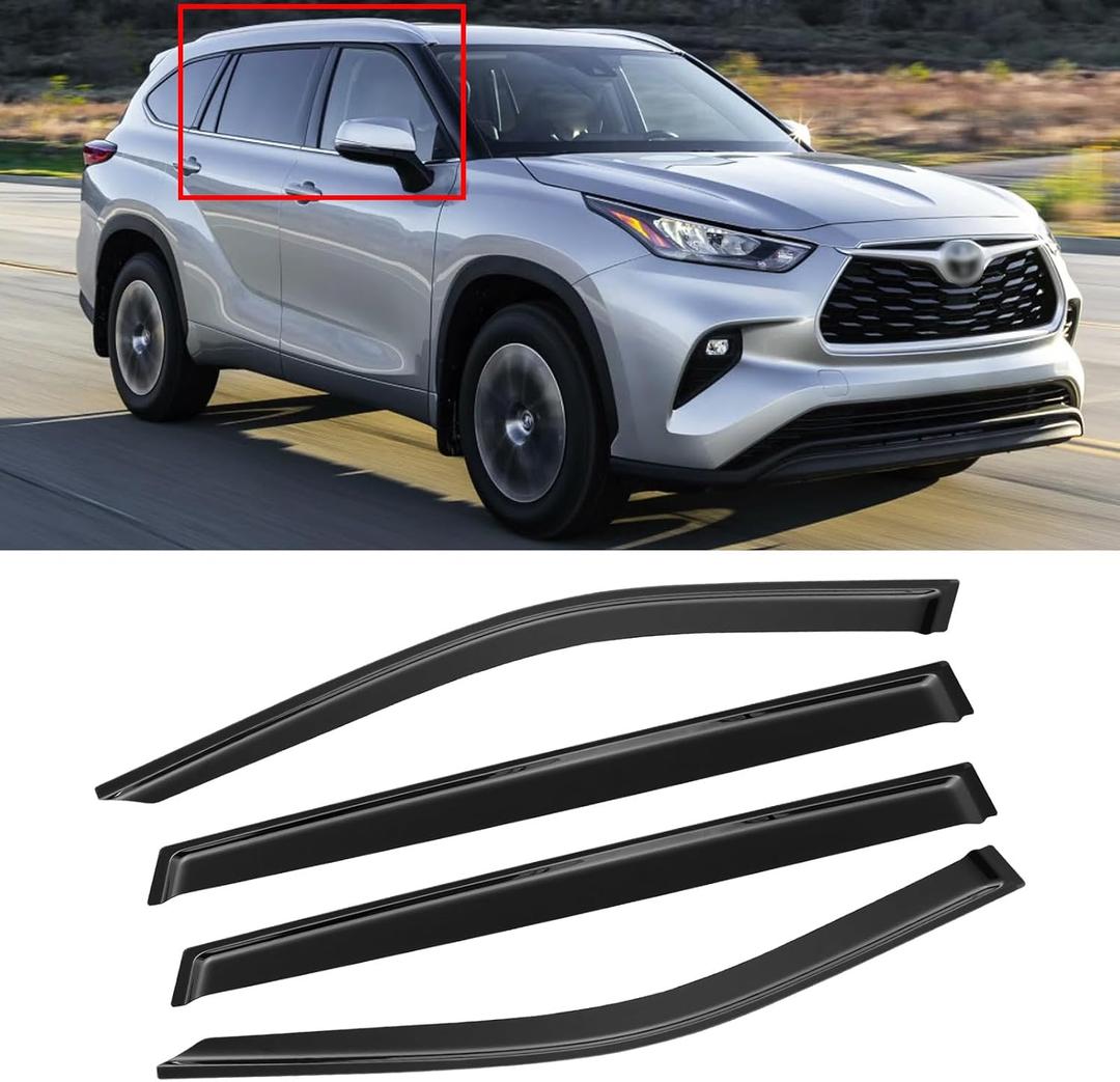 Window Visor for Toyota Highlander 2020-2025, Rain Guards Shields Vent Deflector Shade Wind Dark Smoke 2021 2022 2023 20 21 22 23 24 25, Tape-On, 4PCS