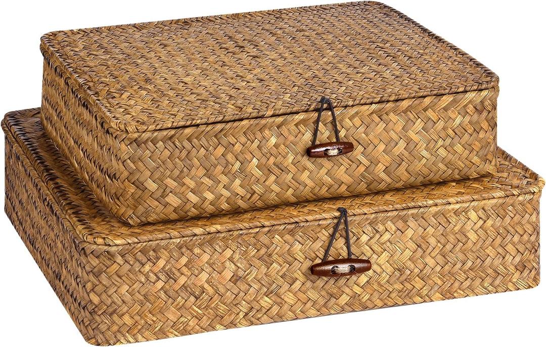 Set of 2 Flat Seagrass Storage Bins with Lid Wicker Storage Baskets for Organizing, Woven Shelf Organizer Bins Home Utility Organizer Box for Home & Office Supplies (Caramel)