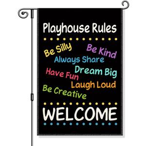 Playhouse Rules Garden Flag, Funny Neutral Colors Welcome Yard Sign for Outside, Clubhouse Home Tree House Decor, Cute Flag for Kids Gifts for Children Outdoor Decor