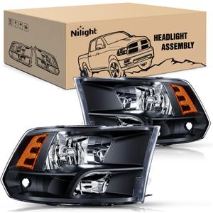 Nilight Headlight Assembly 2009 2010 2011 2012 2013 2014 2015 2016 2017 2018 Ram 1500 2500 3500 Pickup Quad Headlamp Assembly Replacement Black Housing Amber Corner Clear Lens,(Only for Quad Models)
