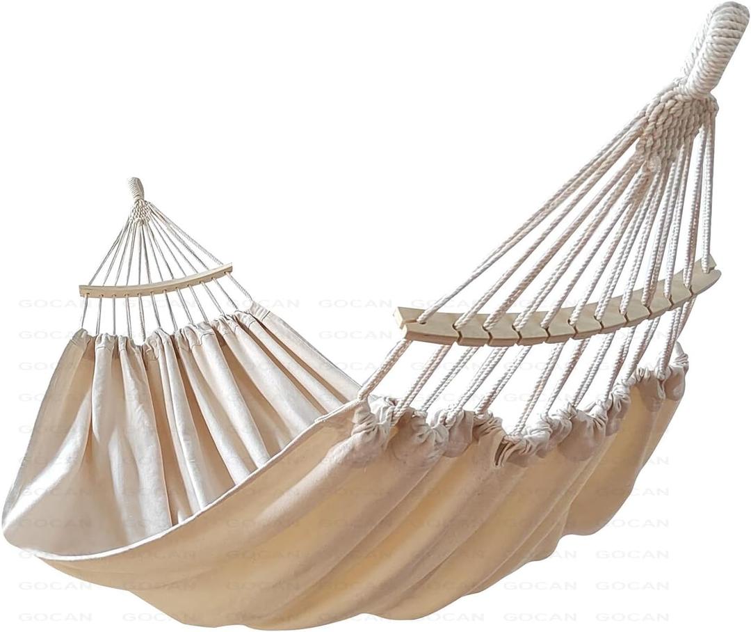 GOCAN Double Hammock 2 Person Extra Large 86inx59in Total Length 129in Load 500lb Canvas Cotton Hammock for Patio Porch Garden Backyard Lounging Outdoor and Lndoor with Removable Spreader Bar