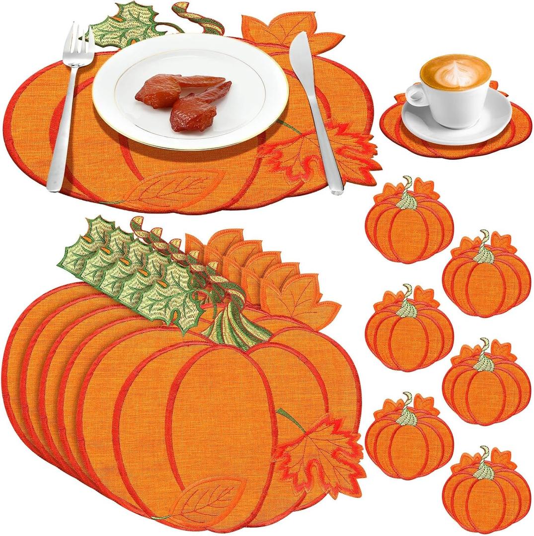 6 Sets Fall Pumpkins Embroidered Placemats and Coaster for Thanksgiving, Large