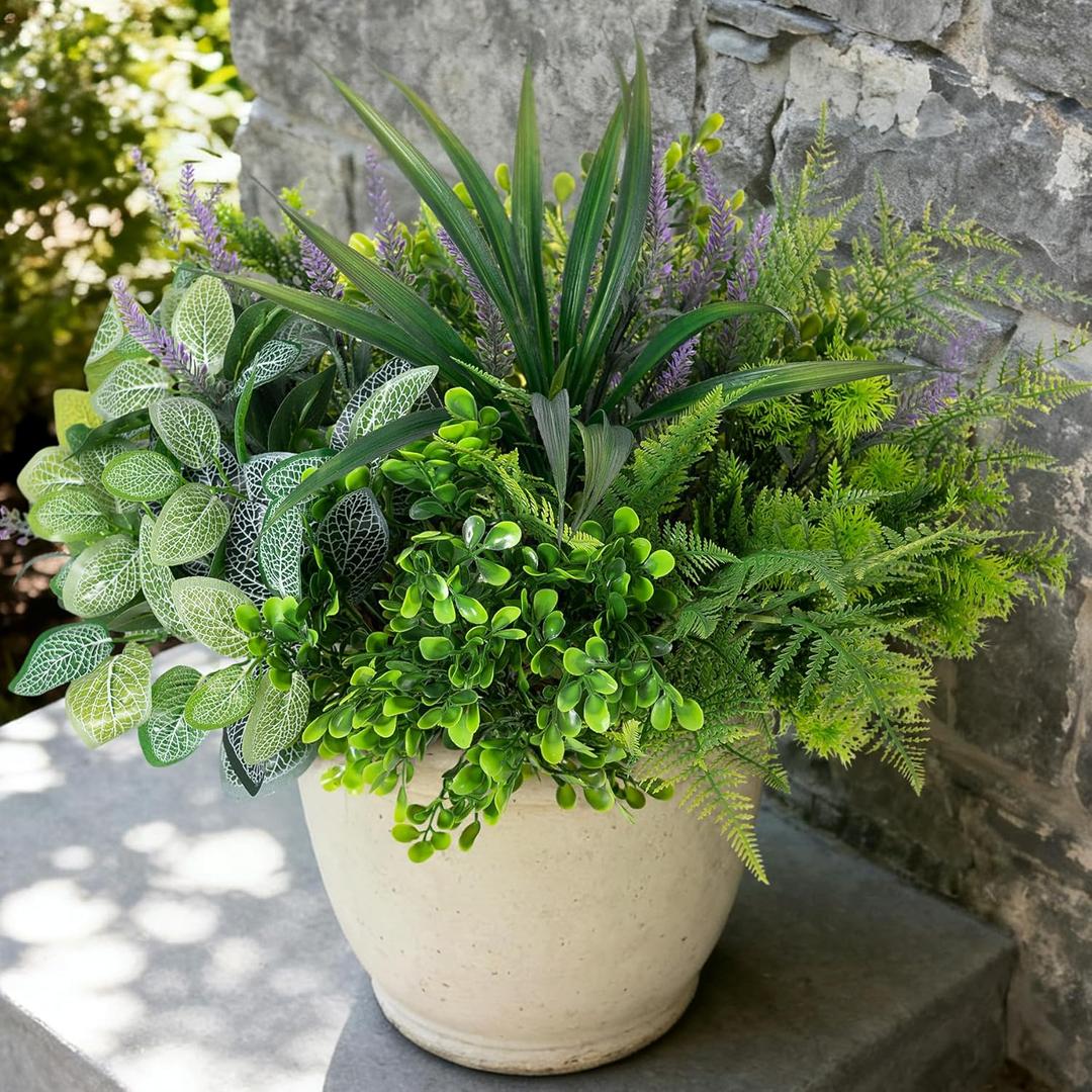 Outdoor Faux Plants UV Resistant - 12 Bouquets Realistic Artificial Eucalyptus Fern Lavender Greenery for Patio Garden Front Porch Decor Weatherproof Fake Plants for Outside (Mix)