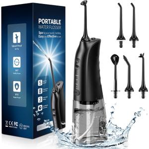 Demita Cordless Water Flosser for Teeth, 300ML 3 Modes 5 Jet Tips Portable Electric Flosser Pick for Adults, IPX7 Waterproof Oral Irrigator Cleaning Kit for, Gums, Braces Care(Black)