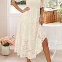 ZESICA Women's 2026 Summer Short Puff Sleeve Crewneck Smocked Floral Lace Flowy A Line Tiered Maxi Dresses (Beige, L)
