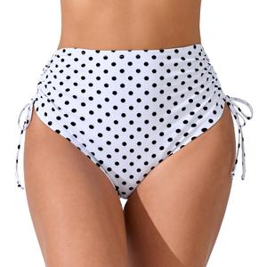 JOYBIK Women's High Waisted Full Coverage Bikini Bottoms Tummy Control Adjustable Drawstring Swim Bottoms White Polka Dot 2XL