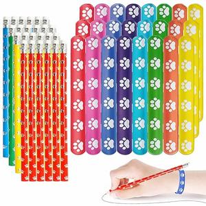 Daphilly 20Pcs Paw Print Pencils,and Rubber Paw Print Bracelets Set, 6 Paws Wooden Pencil 6 Silicone Stretch Wristbands for Students School Classroom Birthday Gifts Dog Party Favors