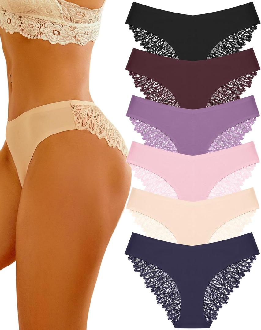 Sth Big Cheeky Underwear for Women Lace No Show Bikini Soft Breathe Seamless Panties Ladies Sexy Hipster Set 6 Pack (Large)