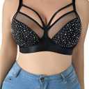 OYOANGLE Women's Plus Size Rhinestone Spiky Contrast Mesh Bras Wireless Cut Out Bedazzled Everyday Bralettes (XX-Large Plus, Black)