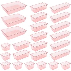 25 Pack Desk Drawer Organizer Set,Vanity and Desk Drawer Storage Bins,Clear Plastic Drawer Organizer Trays for Makeup,Office,Bathroom and Kitchen (Pink)