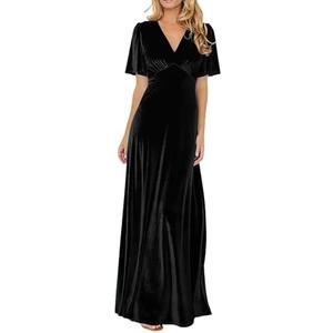 R.Vivimos Womens Fall Velvet Maxi Dress 2025 Short Sleeve V Neck Elegant Vintage Flowy Long Dresses XL