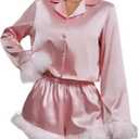 Verdusa Women's 2 Piece Fuzzy Satin Pajama Sets Bridal Pajamas Button Up Shirt with Shorts (Large, Pink)