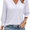 Uhiger Tunic Tops for Women 3/4 Length Sleeve Womens Tops V Neck Blouses Shirts Dressy Casual with Smocked Cuffs Size, M