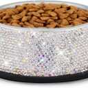 Sparkly Full Rhinestones Designed Stainless Steel Pet Rabbit Bowl - Stylish and Practical Diamond Food Water Dishes Bowls for Small Medium Large Dogs Cats Rabbits (Silver)