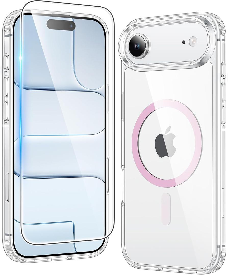 FNTCASE for iPhone Air Case Clear: Magnetic Phone Cases Compatible with Magsafe Slim Anti Yellowing Military Grade Drop Protection Rugged Shockproof Protective Transparent Cell Cover (C-A Pink)