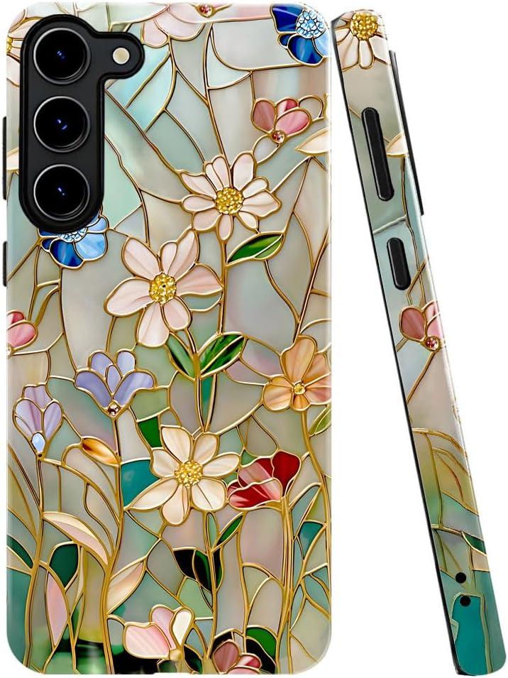 Case for Samsung Galaxy S23 Plus,Stained Glass Bloom Flower Phone Case Drop Resistant Glossy 2 in 1 Solid Dual-Layer Cover for Girl Women