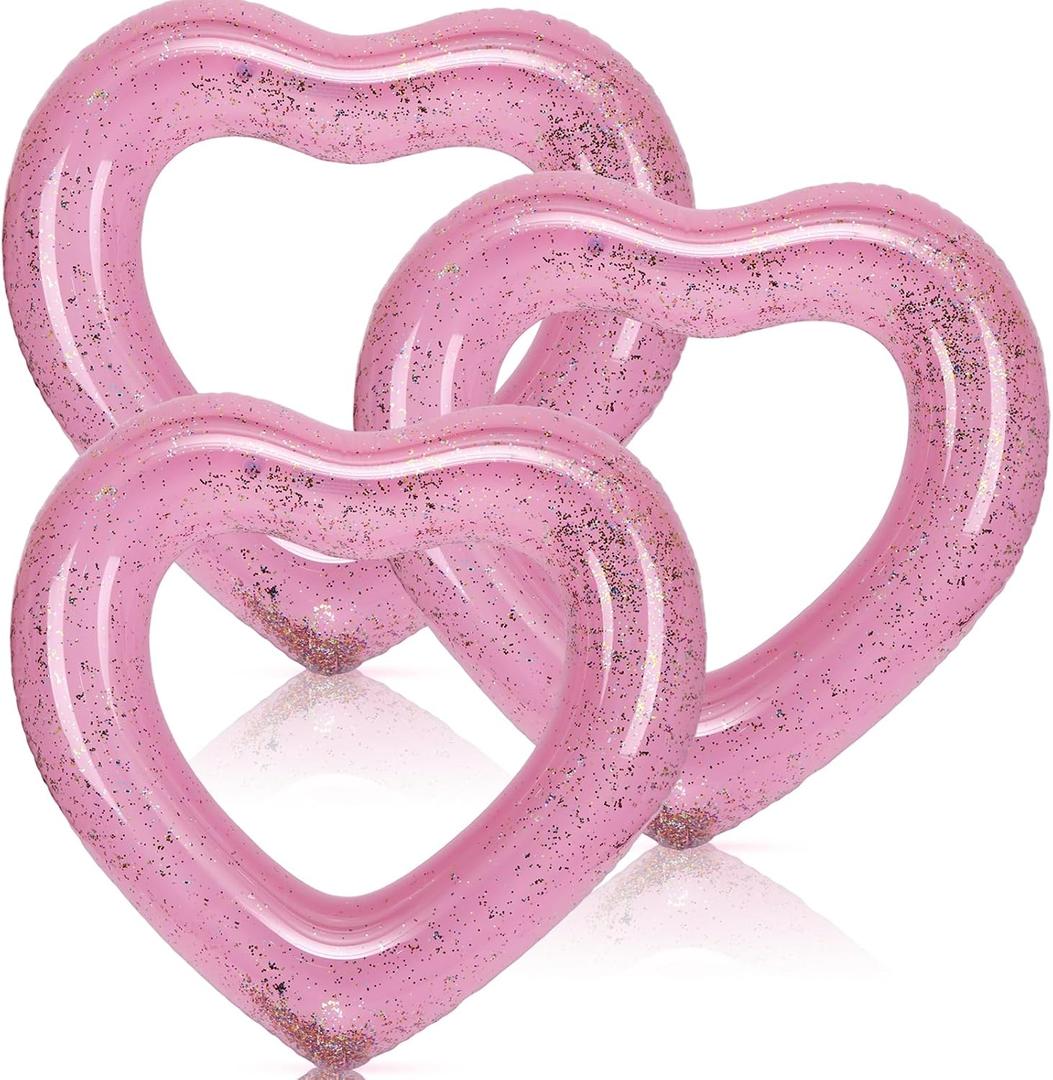 3 Pieces Inflatable Heart Pool Float, Glitter Inflatable Swim Rings Bachelorette Party Pool Float Tube, Heart Shaped Summer Swimming Ring, Water Beach Party for Adults ﻿ ﻿