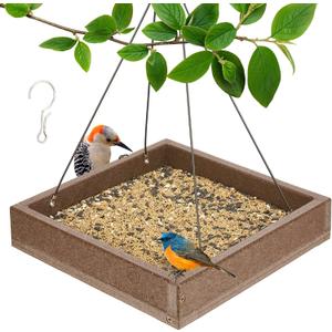 Kingsyard Platform Mealworm Bird Feeder for Outside, Recycled Plastic Hanging Tray Bird Feeders with Large Capacity 3.5 lbs, Premium Quality & Durable, Great for Attracting Wild Birds, Brown