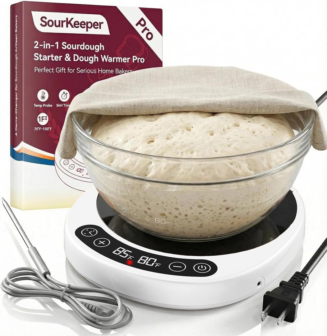 SourKeeper, Larger 2-in-1 Sourdough Starter Warmer Pro - 2026 Upgrade Larger Heating Plate, Dough Temp Probe, 1F Control (70110F), 24H Timer, Real-Time Monitoring, for Beginner Bakers Pro-WHT (White)