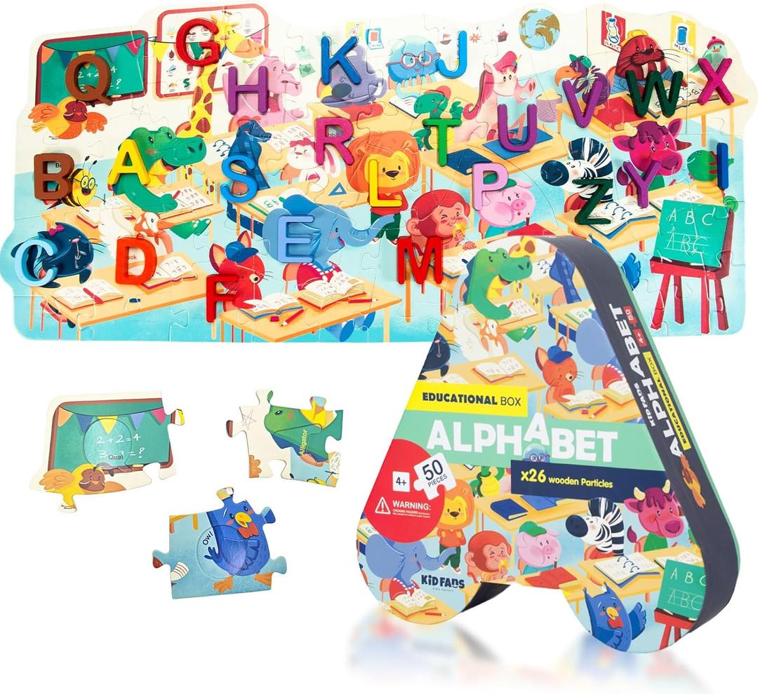 50-Piece Jigsaw Floor Puzzle - Alphabet Fun Floor Puzzles for Kids Ages 4-10 - Heavy-Duty Shaped Box for Storage - Preschool Educational Learning Toys Gift for Girls Boys (Alphabet)