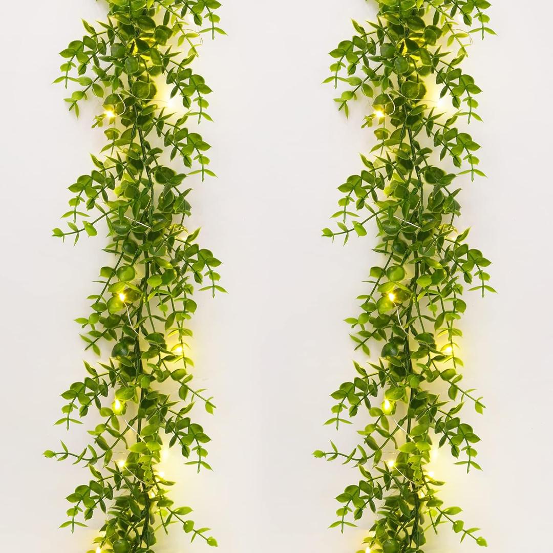 Dolicer 2 Packs Eucalyptus Garland with LED Lights String, 12FT Faux Eucalyptus Greenery Garland, Artificial Hanging Green Leaves Vine Wedding Backdrop Arch Wall Table Decor (Green)