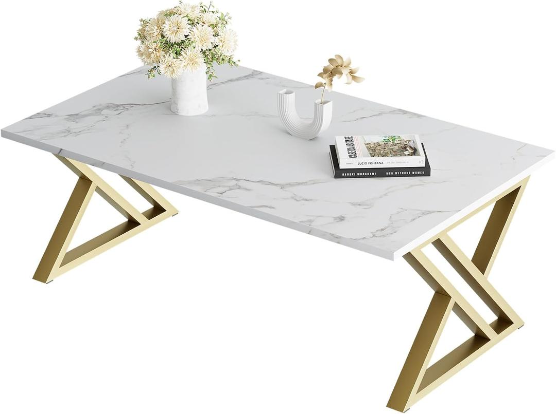 Wolawu Coffee Table Living Room Table White Center Table, Simple Modern Faux Marble Rectangular Tea Tables with Sturdy Gold Metal Frame,Industrial Wooden Coffee Table for Bedroom Home Office, 39.37 x 18.9 x 21.85 inches