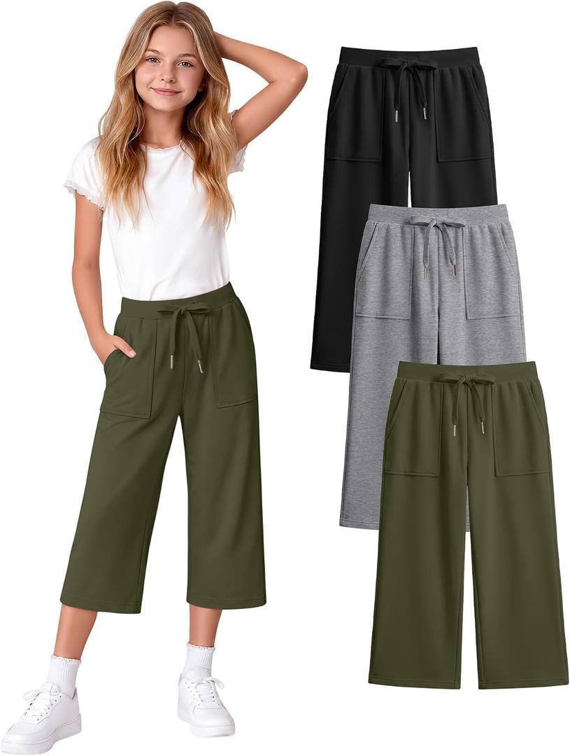3 Pack Girls' Capri School Pants | Straight Leg, Athletic, Casual, Cropped Sweatpants, with Pockets, Summer, Loose, Back to School, Joggers, for Girls 5-14Y