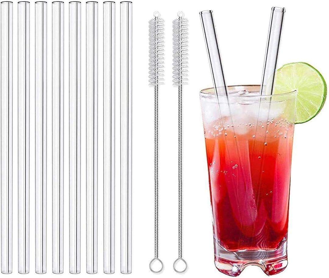 LessMo 8-Pack Reusable Glass Straws, Clear Glass Drinking Straw, Size 8.5''x10 MM, Including 2 Cleaning Brush- Perfect For Smoothies, Tea, Juice