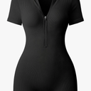 OQQ Women Rompers Ribbed Short Sleeve Zip Front Stretch Tummy Control Yoga Workout Rompers Black Medium