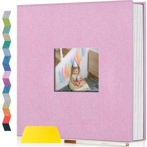 Popotop Photo Album Self Adhesive with Picture Display Window,40 Pages DIY Scrapbooking Supplies Kit for 4x6 8x10 Picture,Linen Cover Memory Book for Baby Wedding, with Scraper and Metallic Pen (Pink)