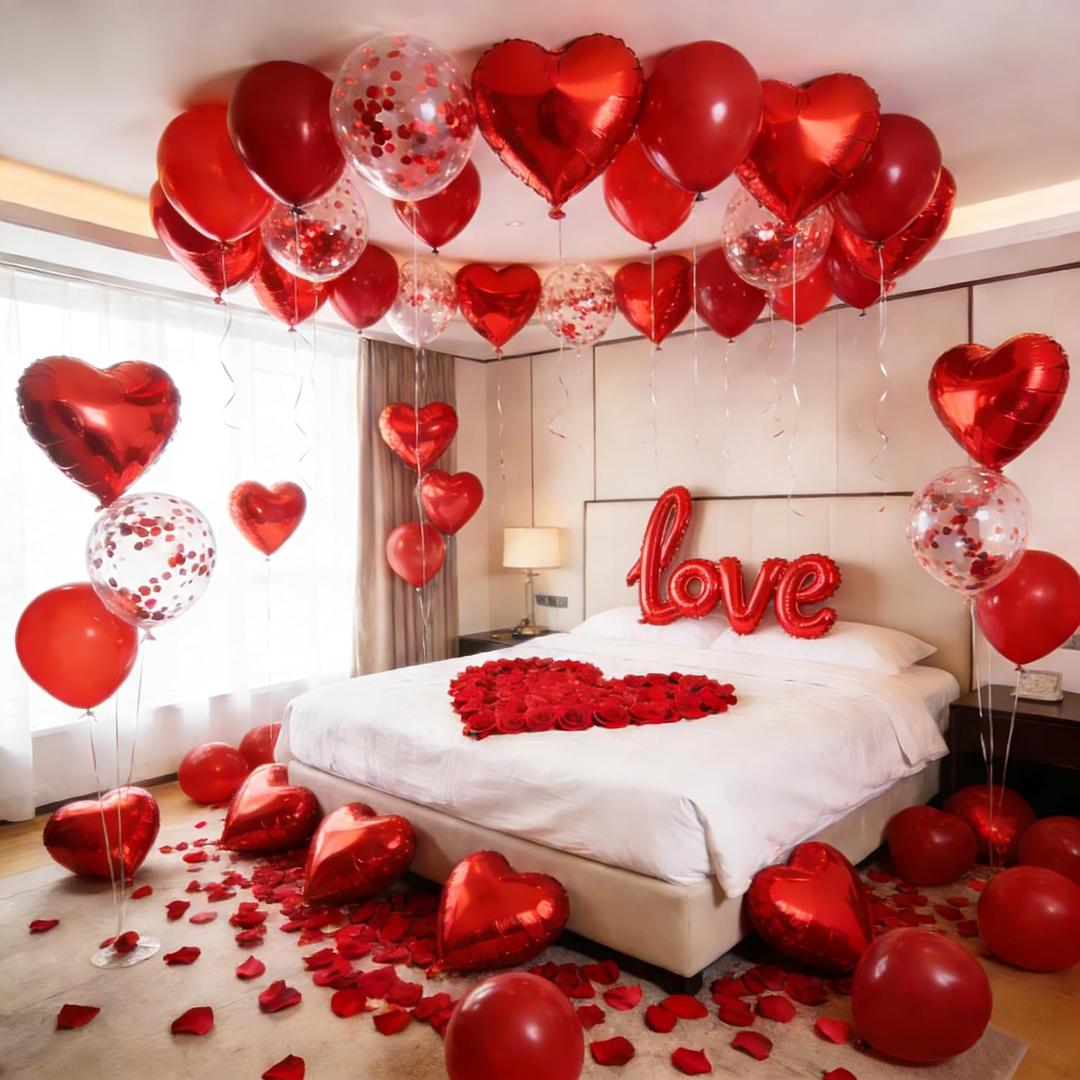 Valentines Day Decorations Set Love Balloons and Red Heart Balloons With Fake Rose Petals for Valentines Day Galentines Party Decorations Proposal Wedding Anniversary Decor