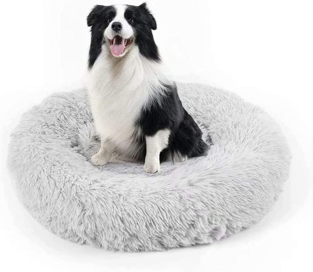 Dog Bed, Cat Calming Bed, Faux Fur Pillow Pet Donut Cuddler Round Plush Bed for Large Medium Small Dogs and Cats (30.0"L x 30.0"W x 7.0"Th, Light Grey)