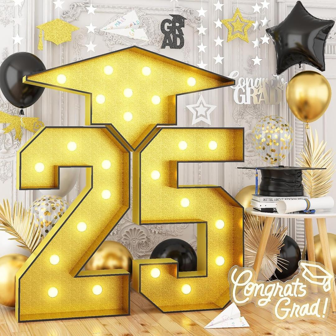 4.5FT Graduation Decorations, 25 Light Up Numbers Graduation Cap with Lights, Gold Mosaics Marquee 25 Number Frame Pre-Cut Board Kit for Class of 2025 High School College Graduation Party Decorations