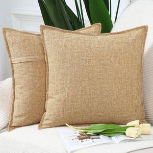 MADIZZ Set of 2 Flanged Linen Throw Pillow Covers 20x20 Inch Beige Soft Decorative Cushion Cover for Sofa Bedroom Pillow Shell