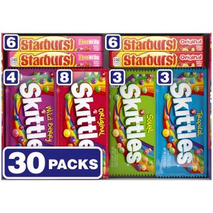 SKITTLES & STARBURST Assorted Candy Variety Pack for Holidays, Candy Assortment, Party Favors, 62.79 oz (30 Count) Bulk Box (BBD: 06/26)