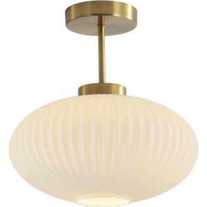 KCO Lighting White Ribbed Glass Semi Flush Mount Ceiling Light Large Milk Glass Ceiling Lights Fixture Brushed Gold Flush Mount Bathroom Light Mid Century Modern Entry Lights