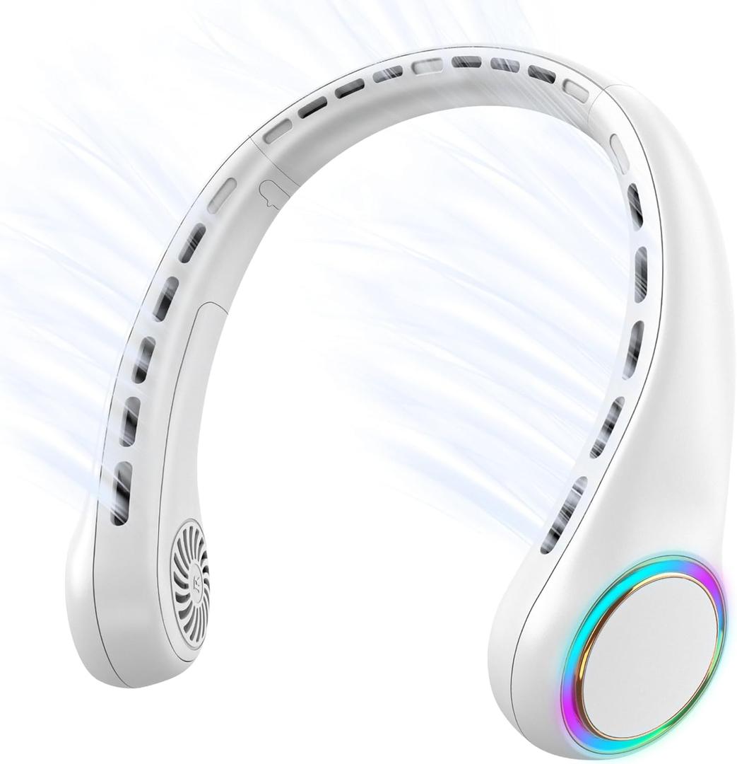 Portable Neck Fan, Personal Fan with 4000mAh Battery, Rechargeable Neck Fan with 3 Speeds and 64 Cool Lights, Birthday Gifts for Men Women Mom Dad, Hands Free Cooling fan for Summer(White)