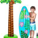 2 Pcs Summer Inflatable Palm Tree and Surfboard Set 70 Inches Blow up Palm Trees and 35.5 Inch Inflatable Surf Board Float with Hand Pump for Hawaiian Beach Tropical Luau Pool Party