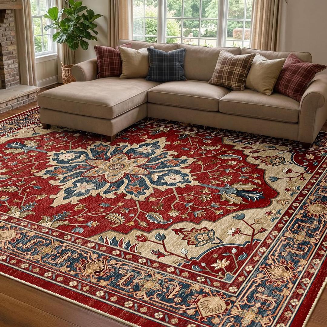 RELEANY Area Rugs 8'x10' Washable Non-Slip, Floral Vintage Distress Print Pattern Medallion Carpet for Living Room Bedroom Dining Room, Red and Blue