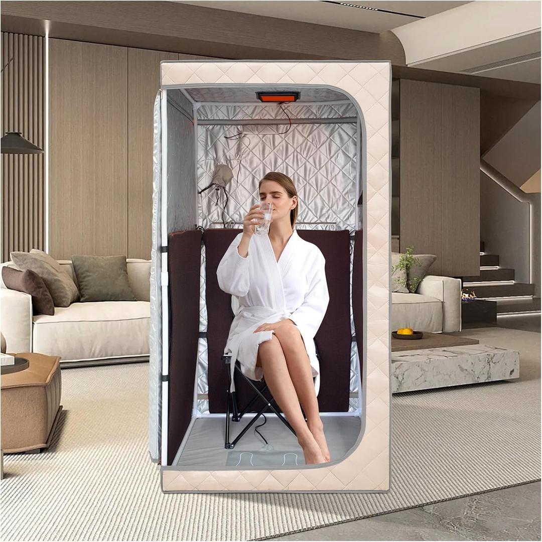 ZONEMEL Full Size Portable Personal Infrared Sauna for Home, Personal Home Spa Tent with Remote Control, Heating Foot Pad, Led Light, Foldable Reinforced Chair (L33.9 x W33.9 x H66.5) (Large, Beige)
