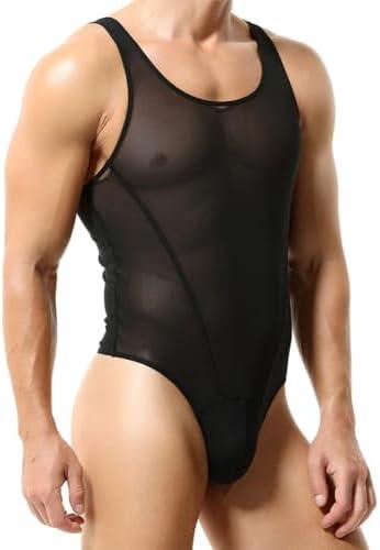 ABAFIP Men's Mesh Undershirts Bodysuit Sleeveless Sheer Tank Top Jumpsuit Fitness Mankini Jumpsuit Singlet Rave Tanks Black Medium