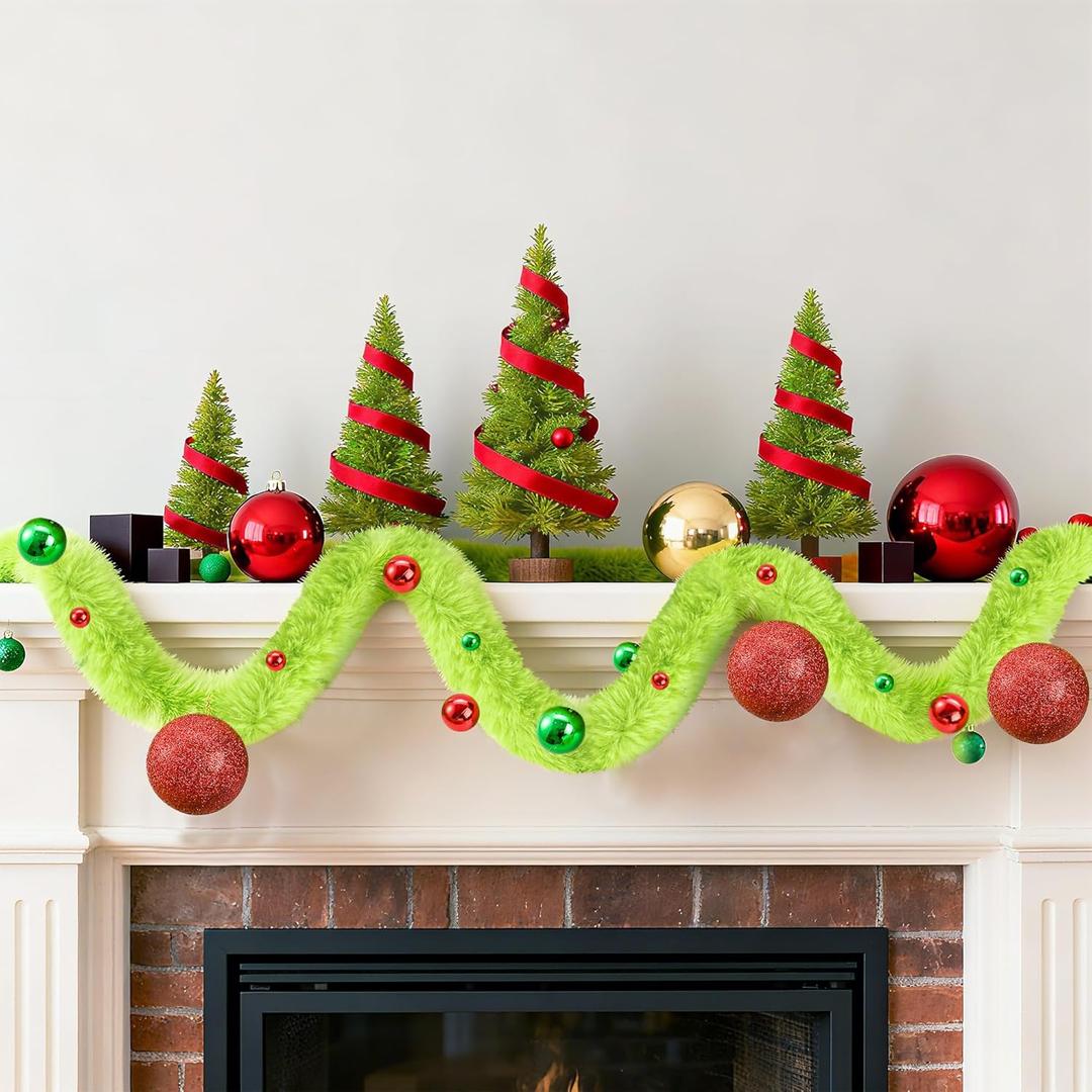 6 Feet Christmas Garland Decorations Xmas Lime Green Faux Fur Ribbon Trim with Red Green Balls Xmas Tree Winding Furry Stripe for Mantel Fireplace Decoration Indoor Outdoor Table Decor