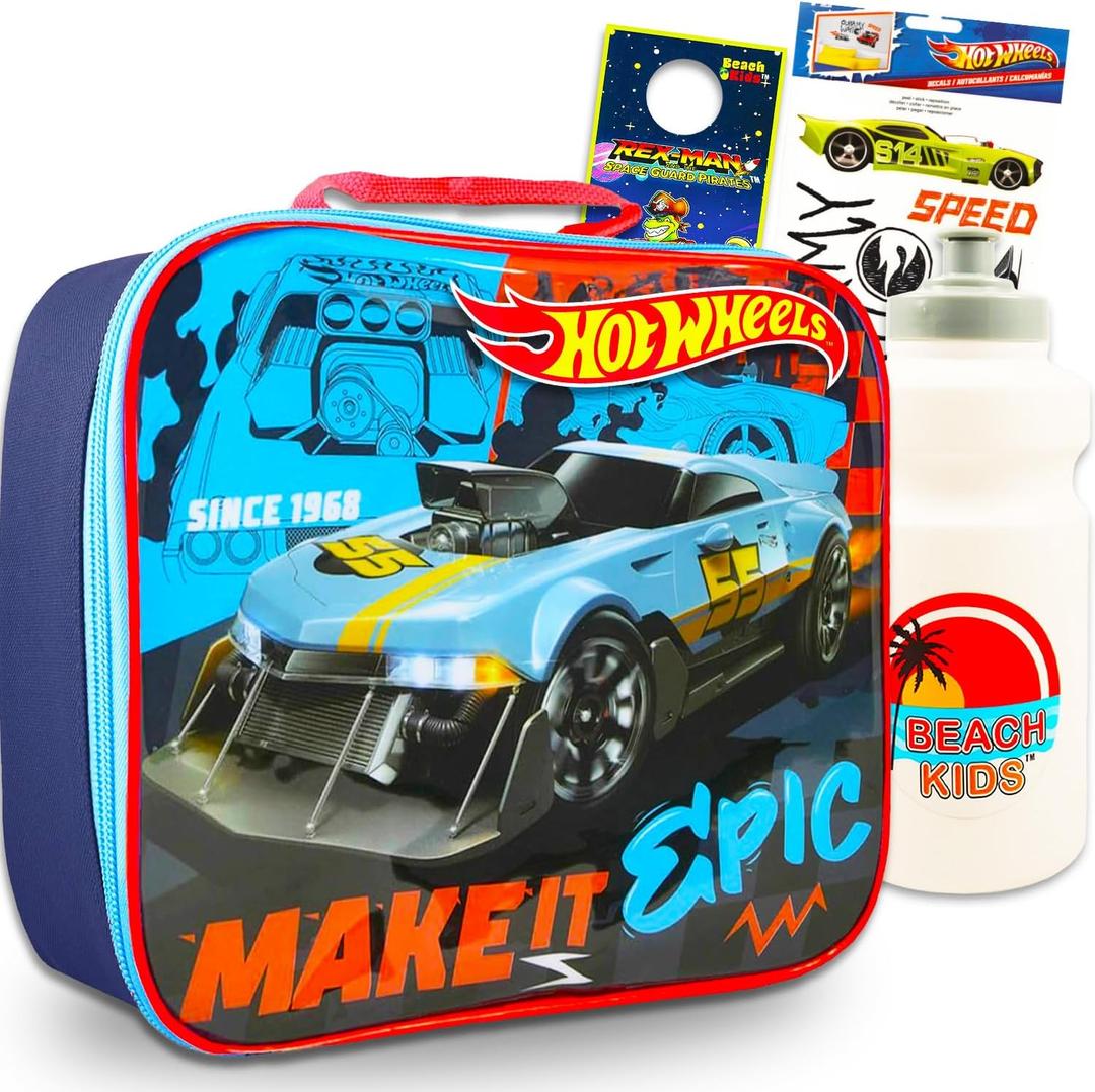Hot Wheels Lunch Box for Boys Set - Bundle Lunch Bag, Stickers, Water Bottle, More Lunch Bag School Supplies for Kids