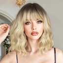 Light Blonde Wavy Wig with Bangs 16inch Bob Curly Hair Wigs for Women Realistic Shoulder Length Style Synthetic Heat Resistant Wig Suitable for Daily Wear for Beginners