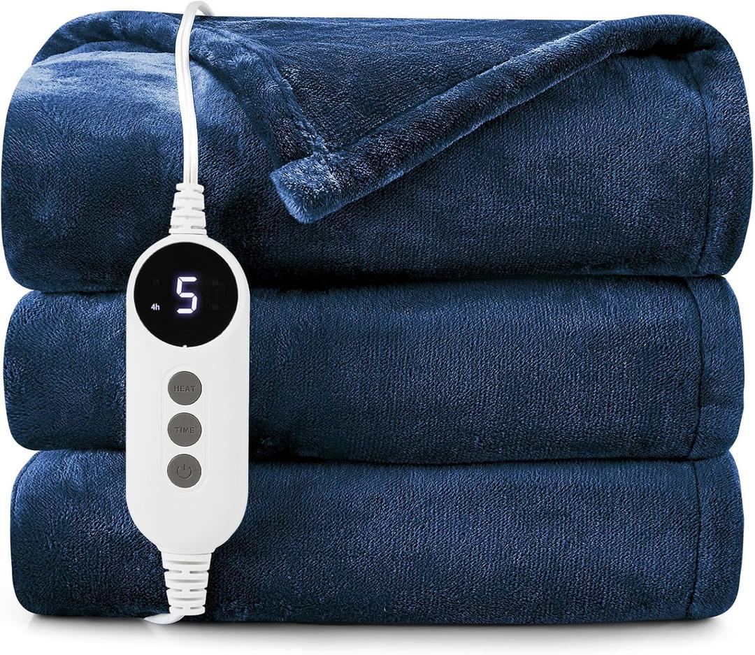 HYLEORY Heated Electric Blanket Throw, 2-Layer Cozy Warm Flannel 50" x 60", Heating Blanket with 9 Heating Levels, 2/4/6/10 Hours Auto Off, Fast Heating Winter Blanket, Navy Blue