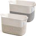 Modern Cotton Rope Storage Baskets with Handles  Woven Organizing Bins for Laundry, Toys, Blankets & Bathroom Storage, Home Decor, Gift Basket Set of 2 (13 x 10 x 9 Inches) (Light Grey + Jute)